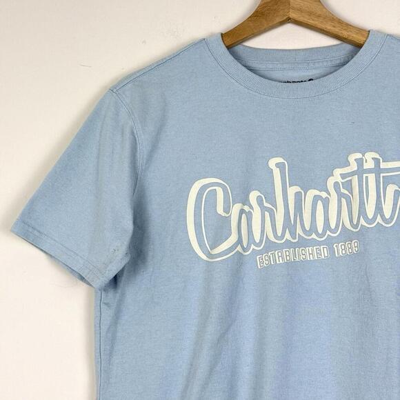 Carhartt Script Logo T-Shirt Sky Blue Loose Fit Wmns Size M Workwear Style Tee - Picture 3 of 7